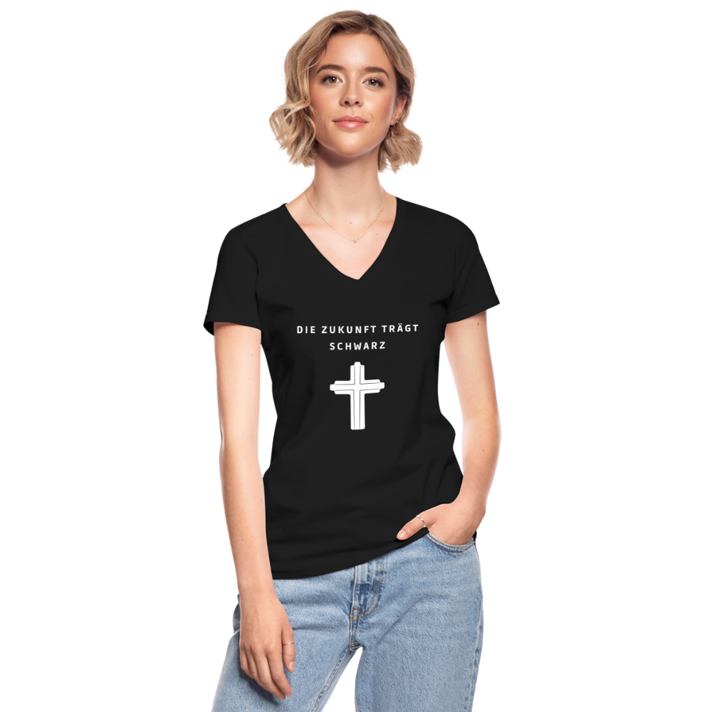 Die Zukunft trägt Schwarz Damen-Shirt mit V-Ausschnitt - Schwarz