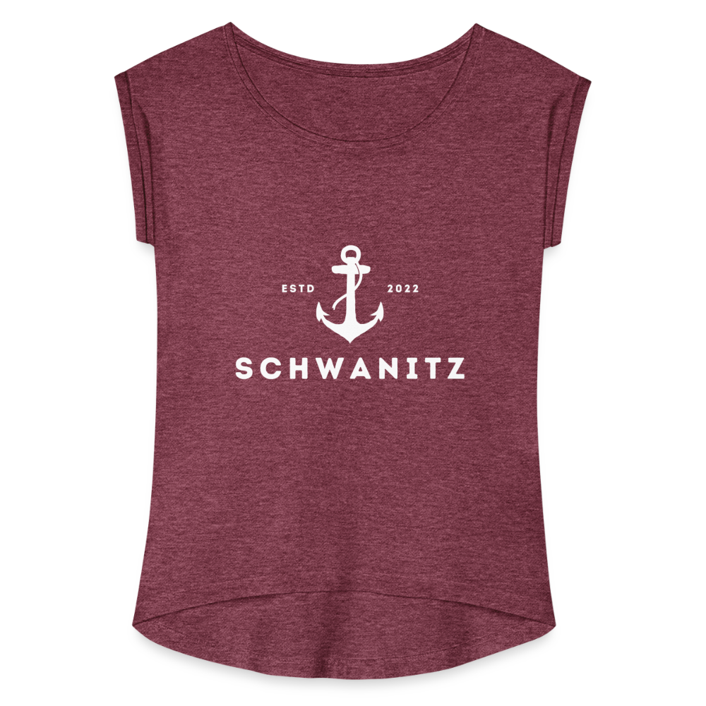 Frauen T-Shirt mit gerollten Ärmeln - Bordeauxrot meliert