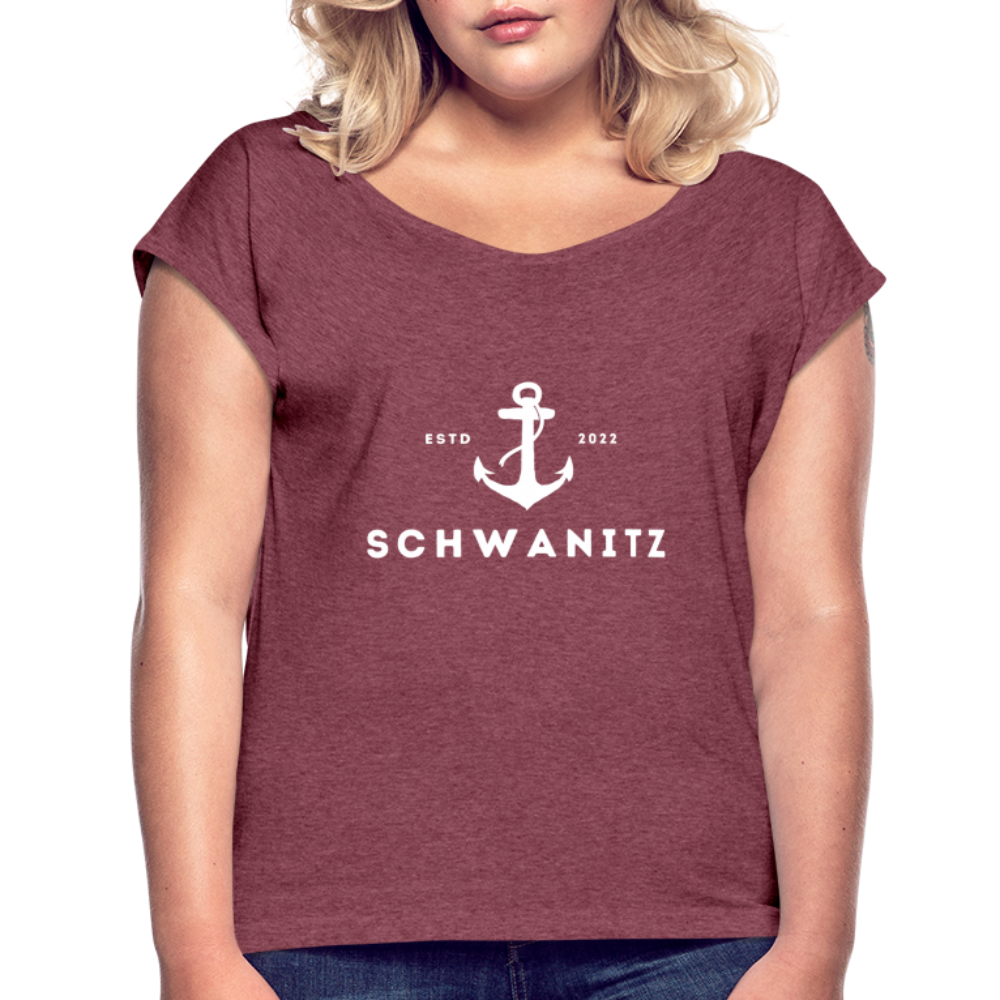 Frauen T-Shirt mit gerollten Ärmeln - Bordeauxrot meliert