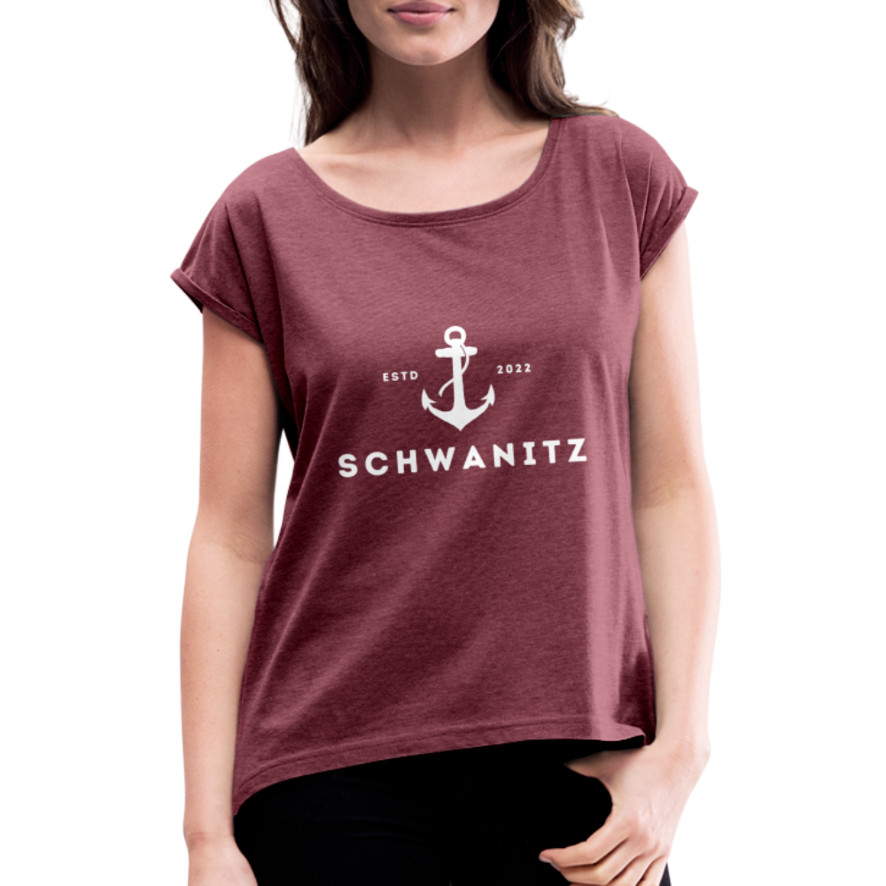 Frauen T-Shirt mit gerollten Ärmeln - Bordeauxrot meliert